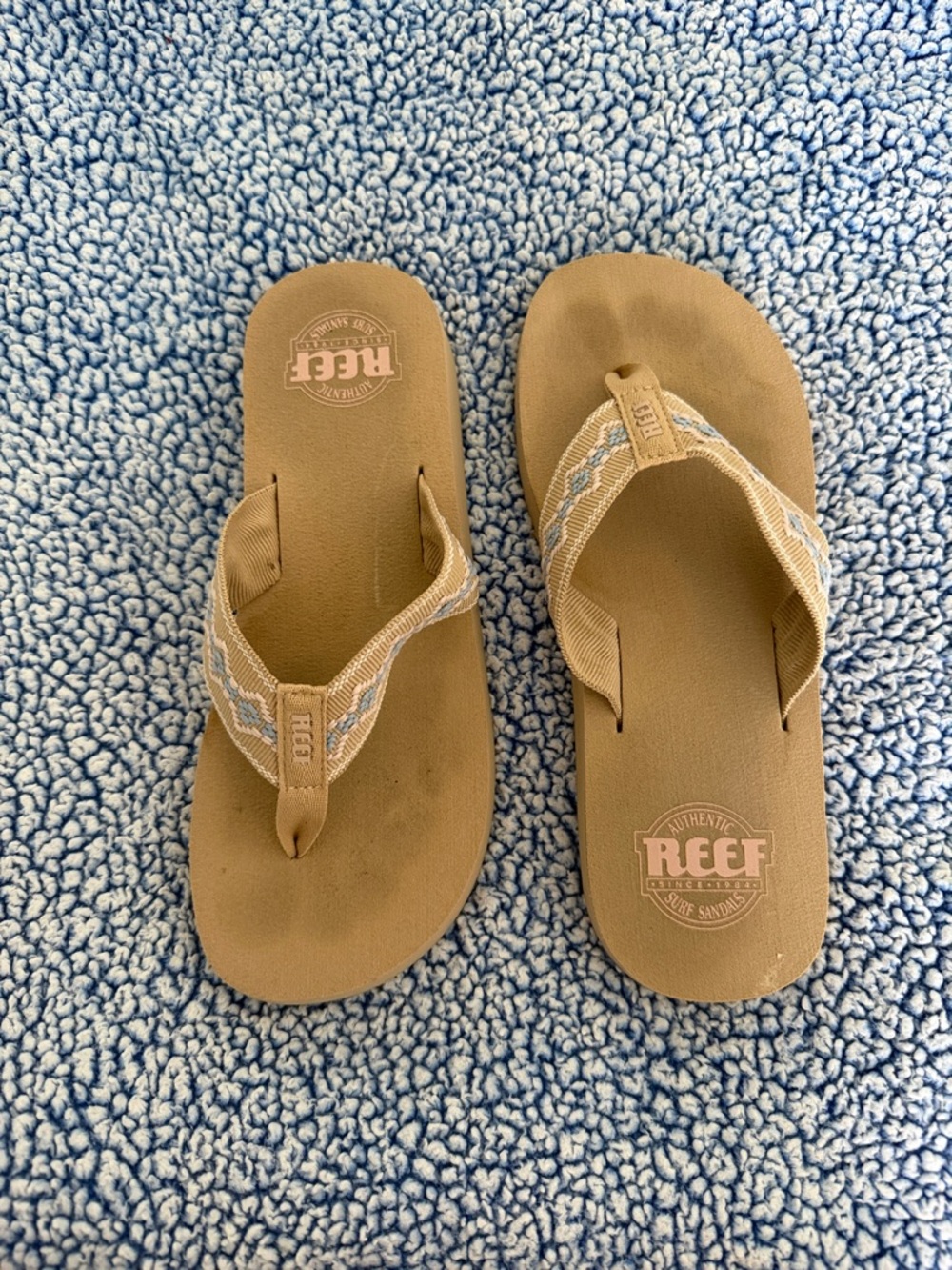 Reef Women's Tan and Light Blue Embroidered Flip Flops